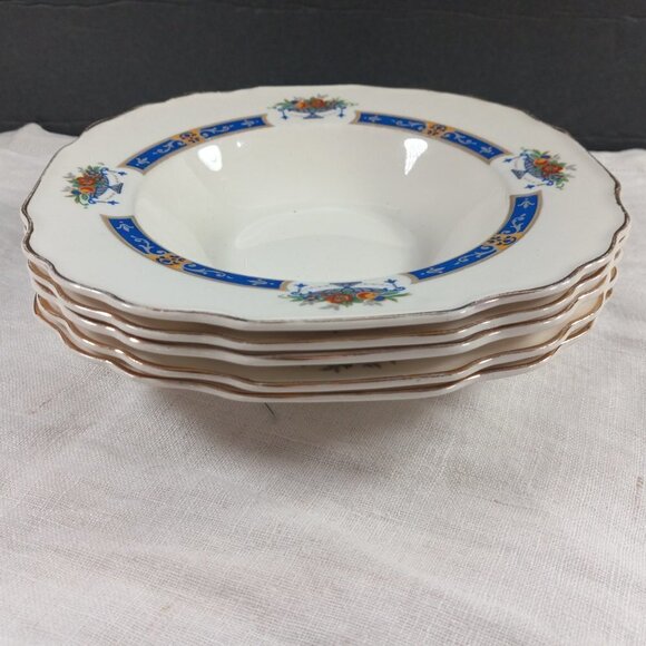 Myott Soup Bowls Fruit in Urn Set of 5 MYO100 Blue Band Scalloped Edge England - Picture 5 of 8